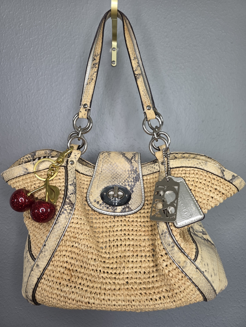 Coach Hamptons Straw Python Embossed Tote Bag